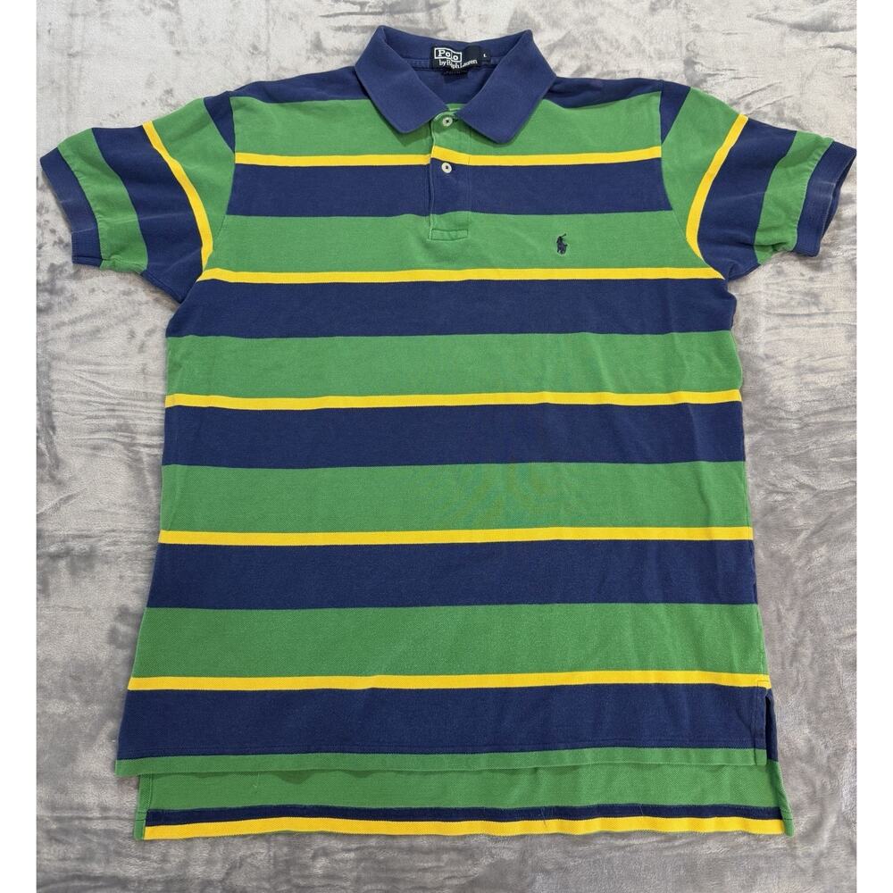 Vintage‎ Men’s Polo Ralph Lauren Striped Short Sleeve Polo Size Large SMALL FLAW